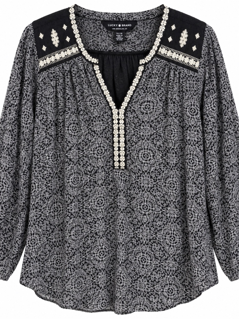 Lucky Brand Black and White Embroidered V‑Neck Tunic #140